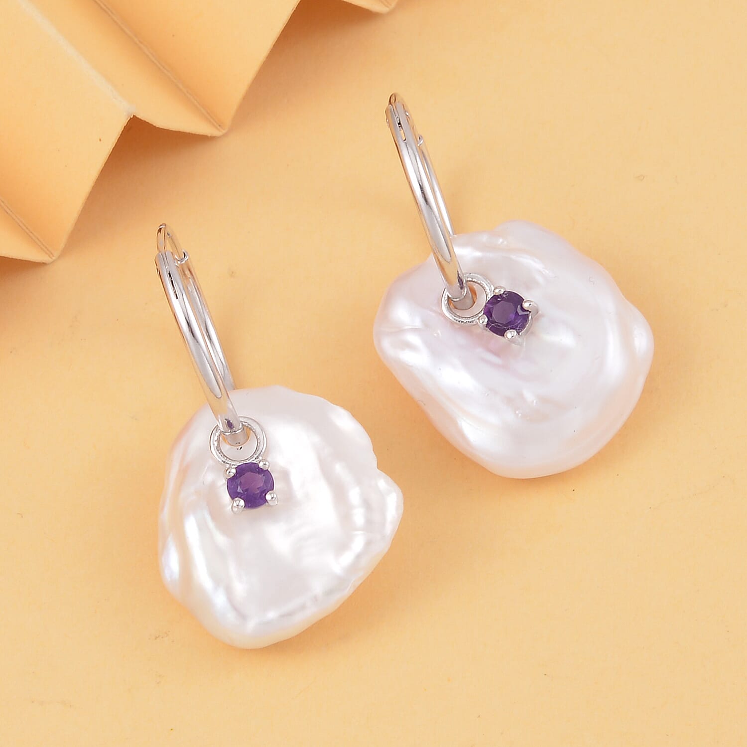 White Keshi Pearl and Amethyst Earrings in Rhodium Over Sterling Silver 0.35 ctw
