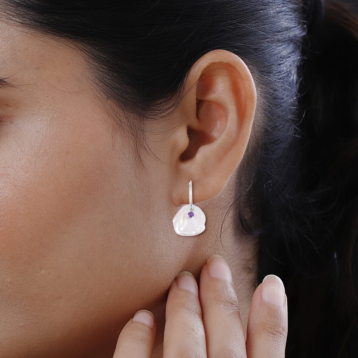 White Keshi Pearl and Amethyst Earrings in Rhodium Over Sterling Silver 0.35 ctw image number 2