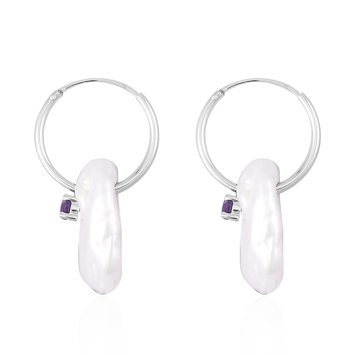 White Keshi Pearl and Amethyst Earrings in Rhodium Over Sterling Silver 0.35 ctw