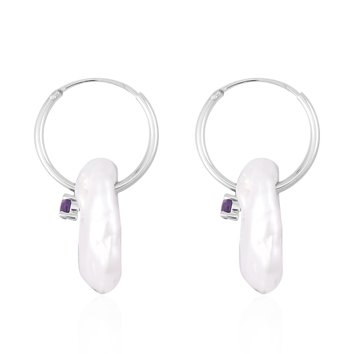 White Keshi Pearl and Amethyst Earrings in Rhodium Over Sterling Silver 0.35 ctw image number 3