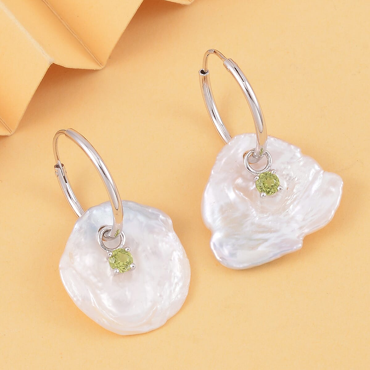 White Keshi Pearl and Peridot Earrings in Rhodium Over Sterling Silver 0.35 ctw image number 1