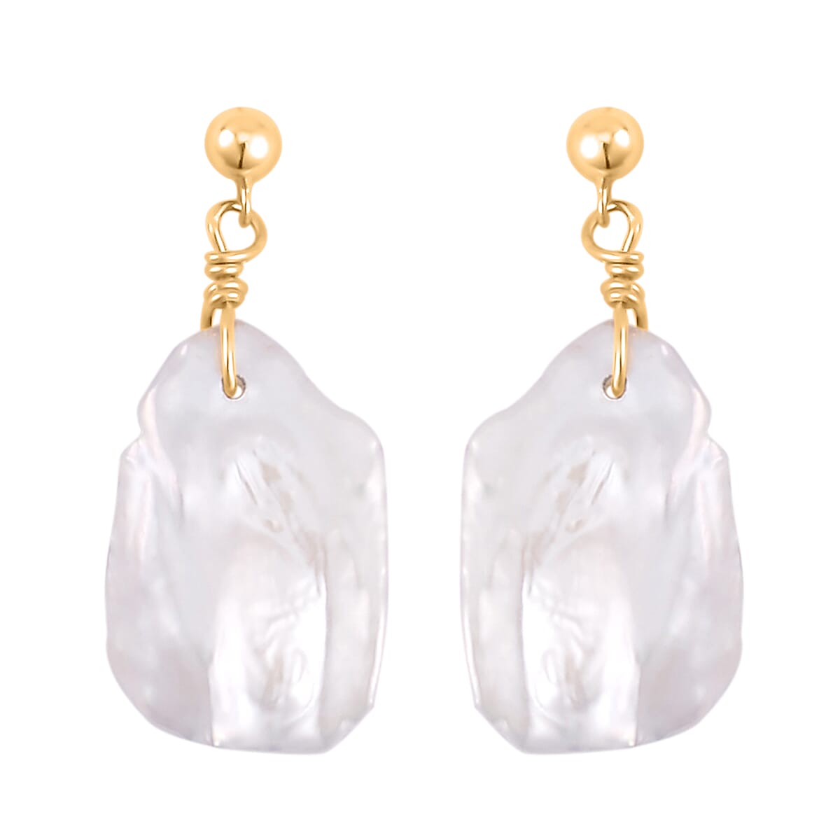 White Keshi Pearl Earrings in 14K Yellow Gold Over Sterling Silver
