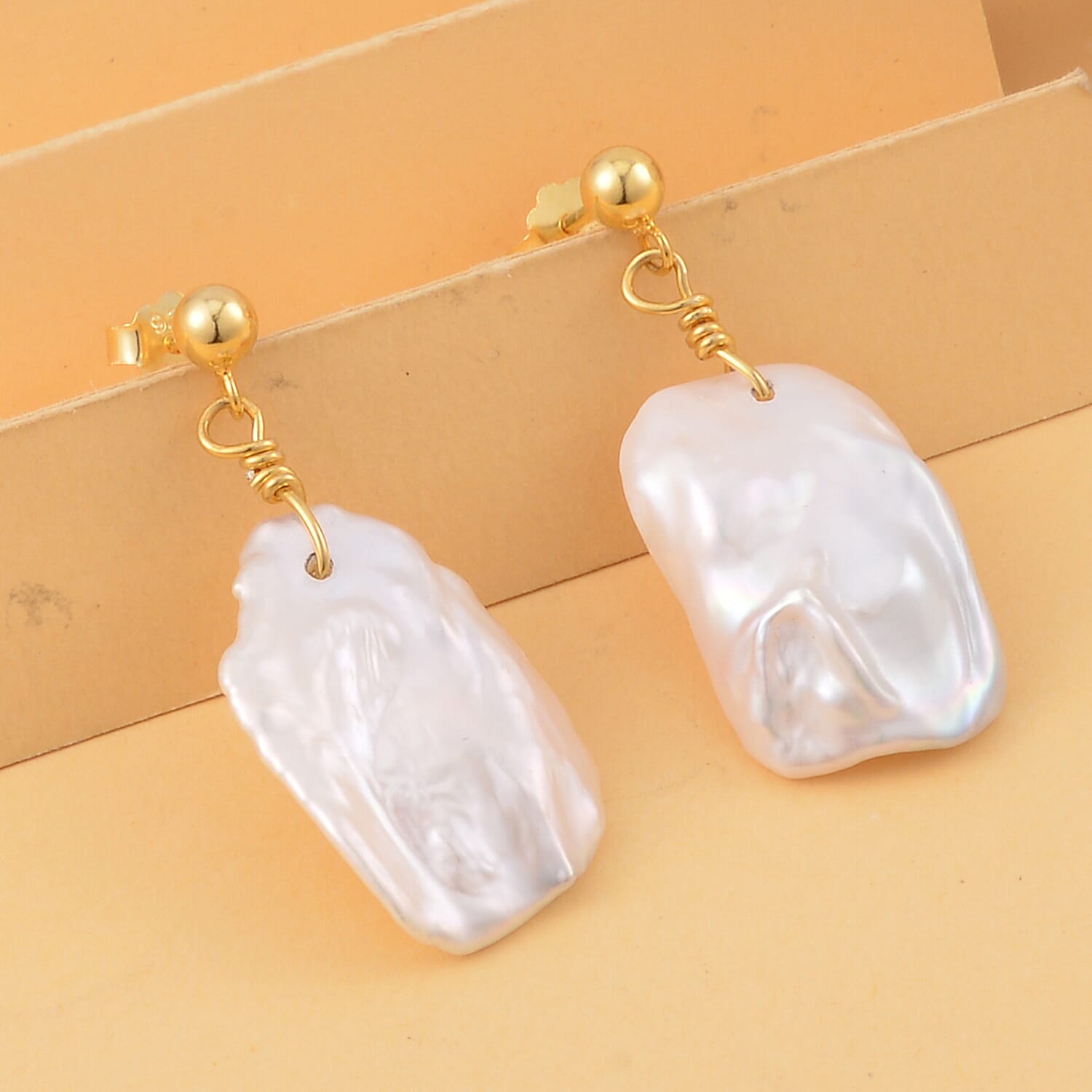 White Keshi Pearl Earrings in 14K Yellow Gold Over Sterling Silver