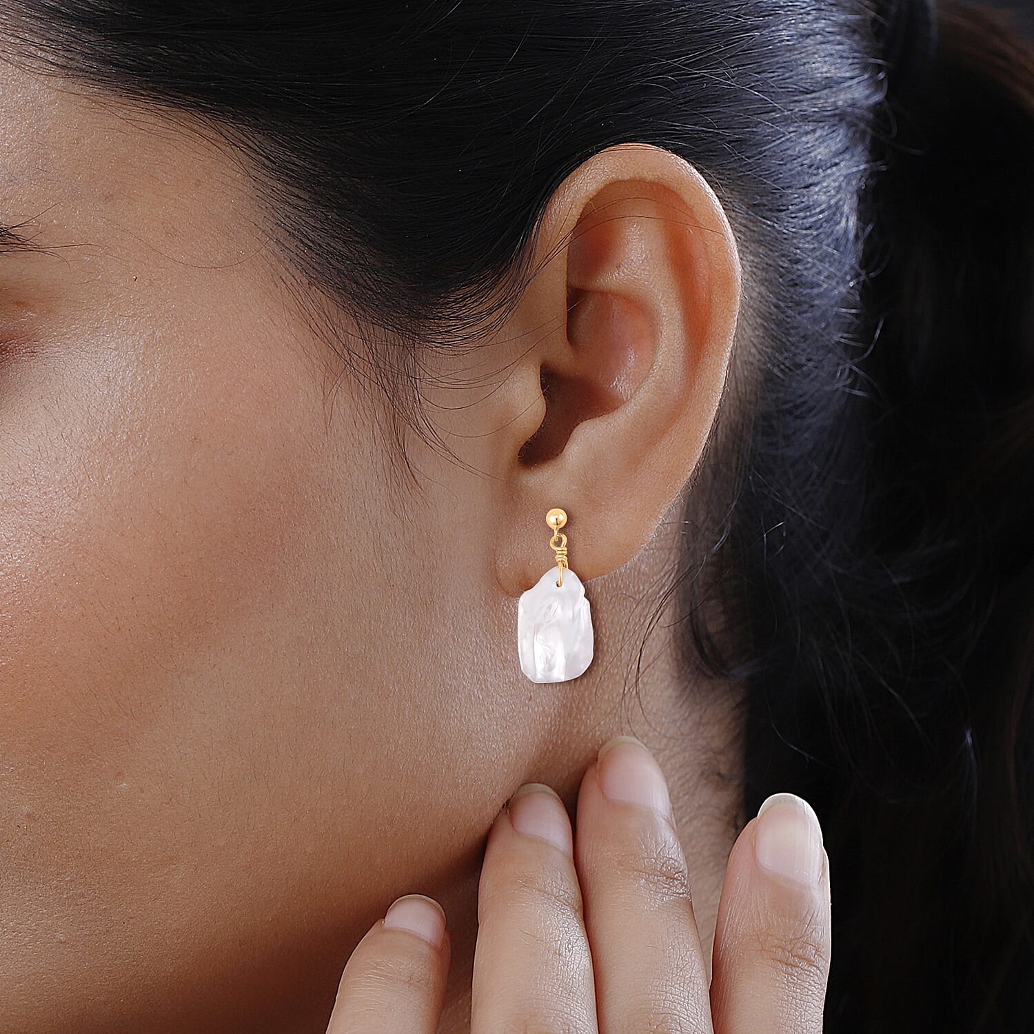 White Keshi Pearl Earrings in 14K Yellow Gold Over Sterling Silver