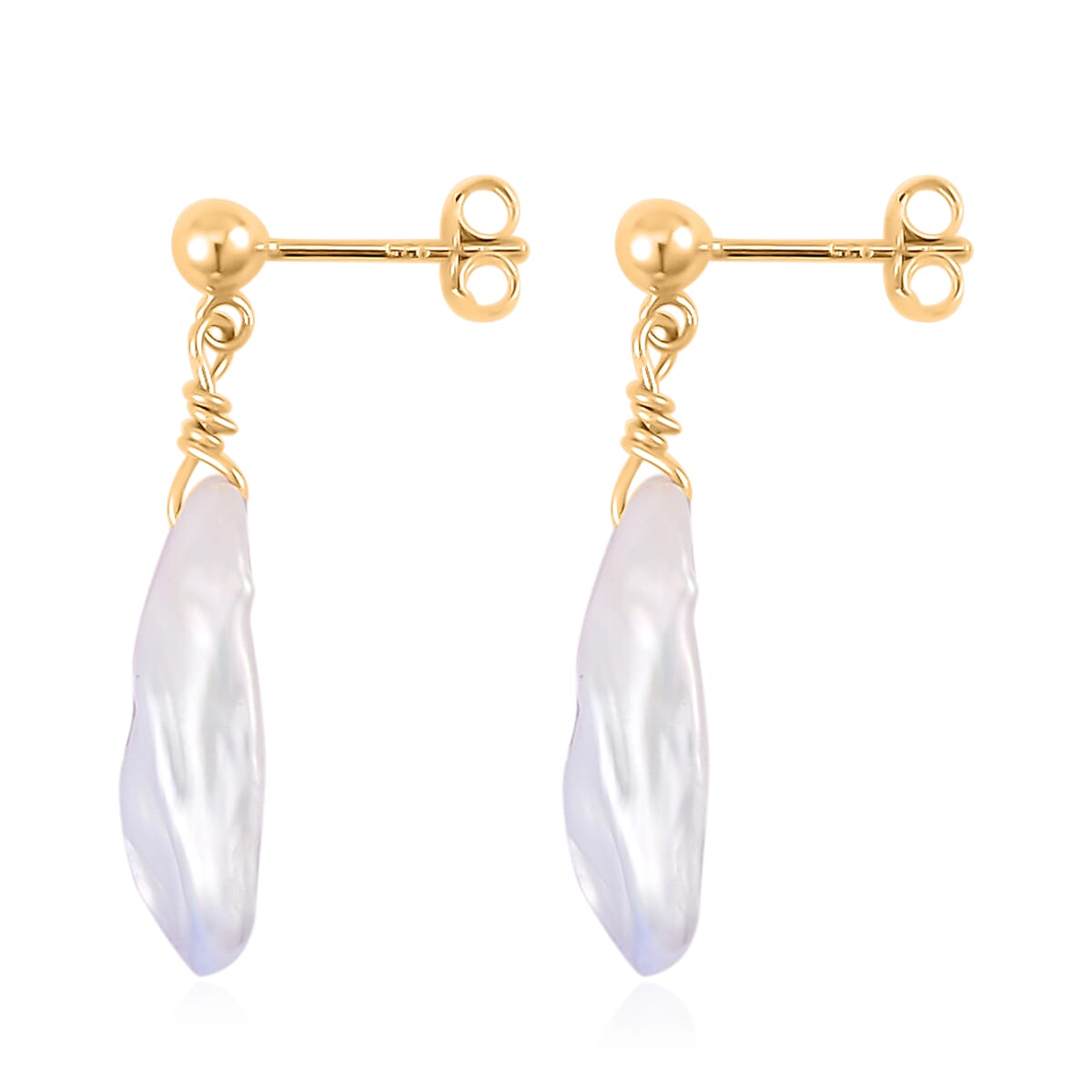 White Keshi Pearl Earrings in 14K Yellow Gold Over Sterling Silver