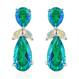Peacock Quartz (Triplet) and Ethiopian Welo Opal Dangle Earrings in Platinum Over Sterling Silver 13.35 ctw