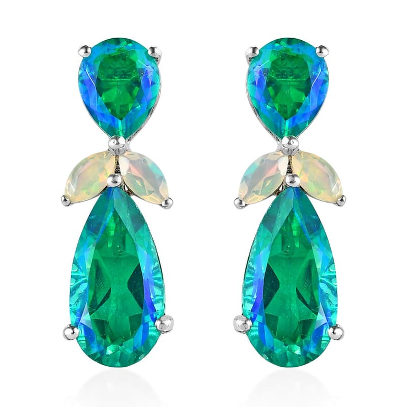 Peacock Quartz (Triplet) and Ethiopian Welo Opal Dangle Earrings in Platinum Over Sterling Silver 13.35 ctw