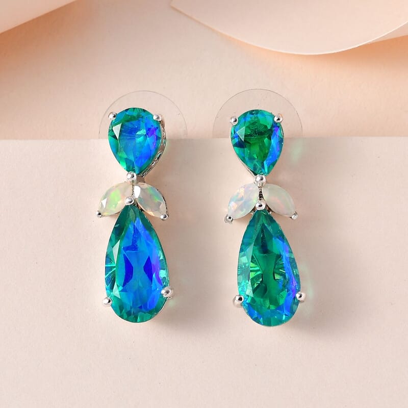 Peacock Quartz (Triplet) and Ethiopian Welo Opal Dangle Earrings in Platinum Over Sterling Silver 13.35 ctw