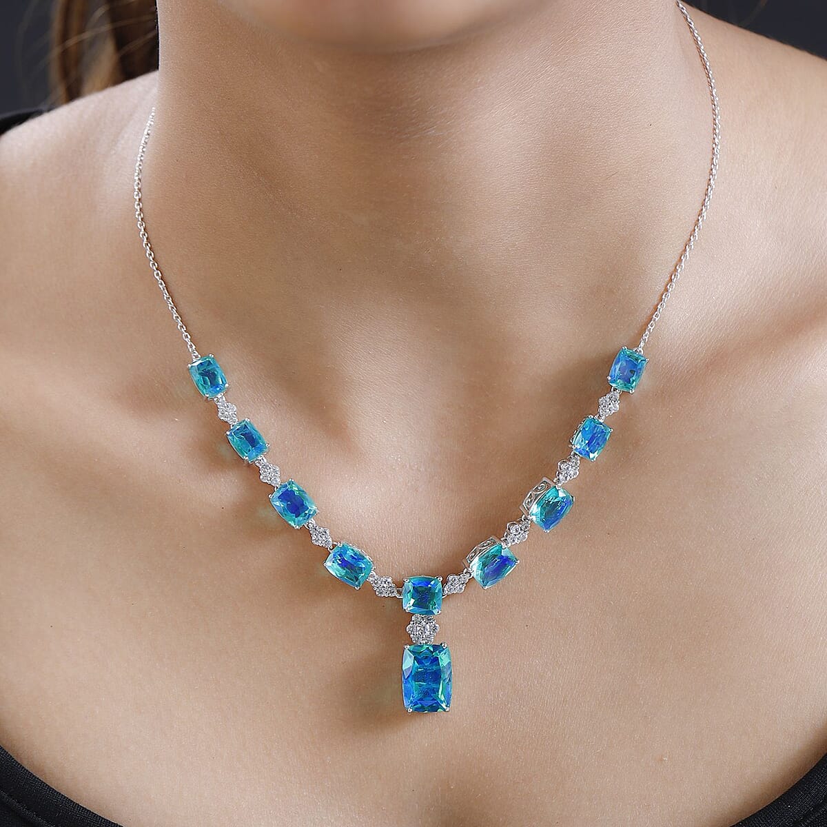 Peacock Quartz (Triplet) and White Zircon Necklace 18 Inches in Platinum Over Sterling Silver 28.35 ctw image number 2