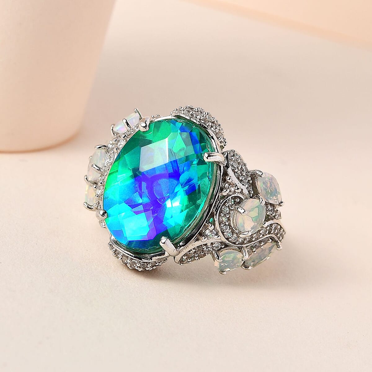 Peacock Quartz (Triplet) and Multi Gemstone Ring in Platinum Over Sterling Silver (Size 7.0) 14.50 ctw image number 1