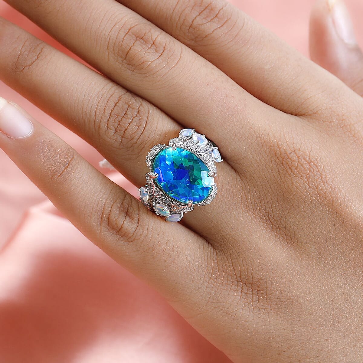 Peacock Quartz (Triplet) and Multi Gemstone Ring in Platinum Over Sterling Silver (Size 7.0) 14.50 ctw image number 2