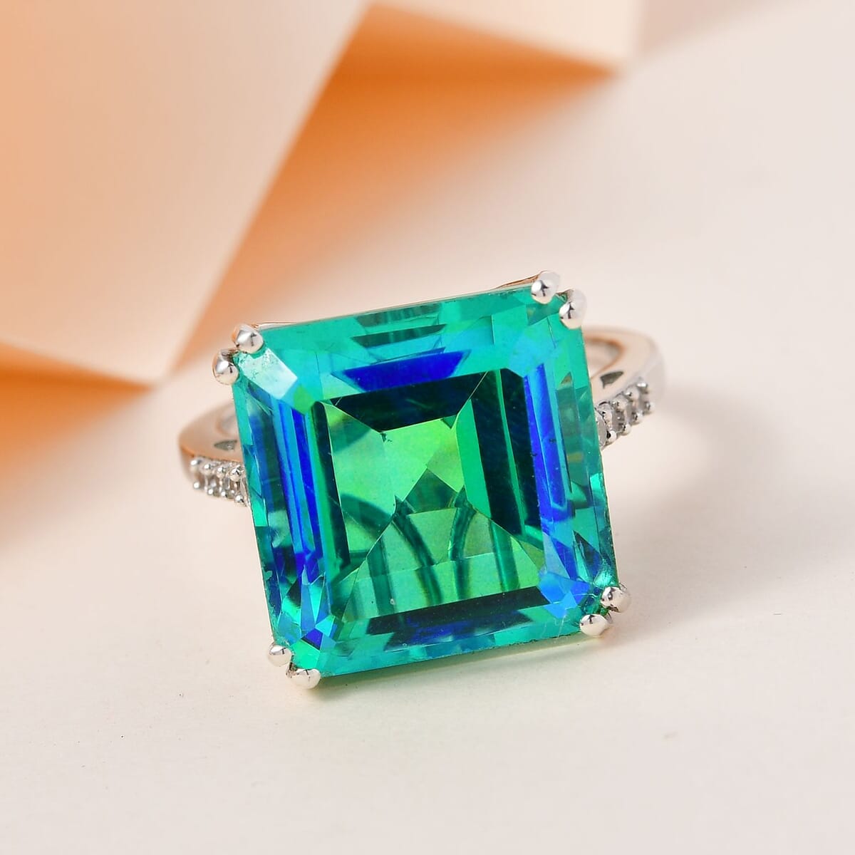 Peacock Quartz (Triplet) and White Zircon Ring in Platinum Over Sterling Silver 17.50 ctw image number 1