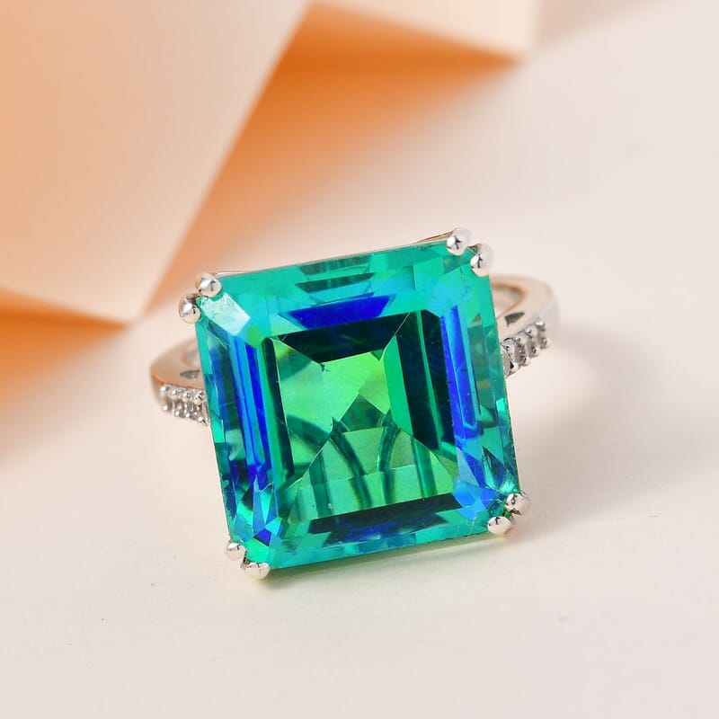 Peacock Quartz (Triplet) and White Zircon Ring in Platinum Over Sterling Silver (Size 10.0) 17.50 ctw