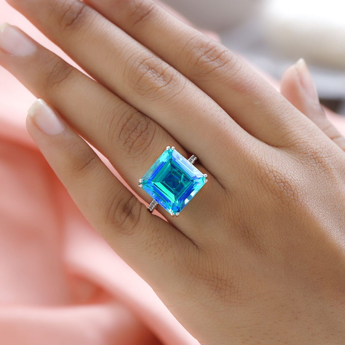 Peacock Quartz (Triplet) and White Zircon Ring in Platinum Over Sterling Silver 17.50 ctw image number 2