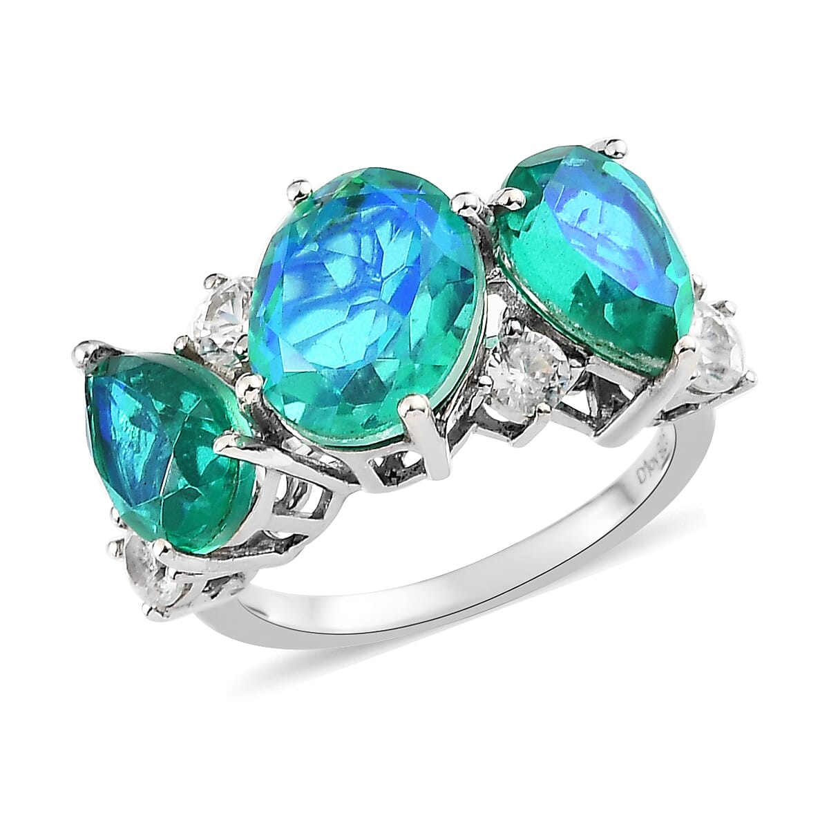 Peacock Quartz (Triplet) and White Zircon Ring in Platinum Over Sterling Silver (Size 10.0) 5.90 ctw
