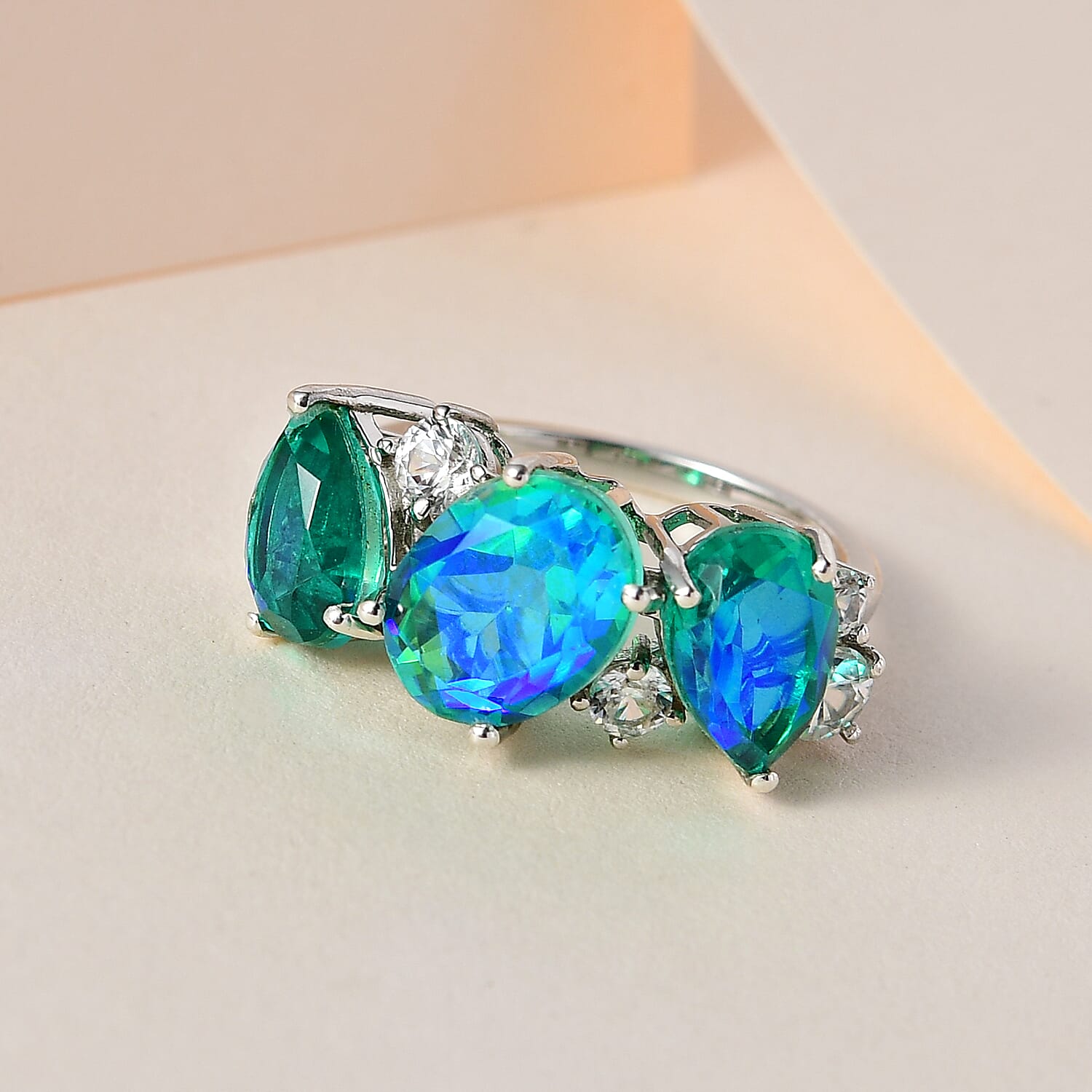 Peacock Quartz (Triplet) and White Zircon Ring in Platinum Over Sterling Silver (Size 10.0) 5.90 ctw