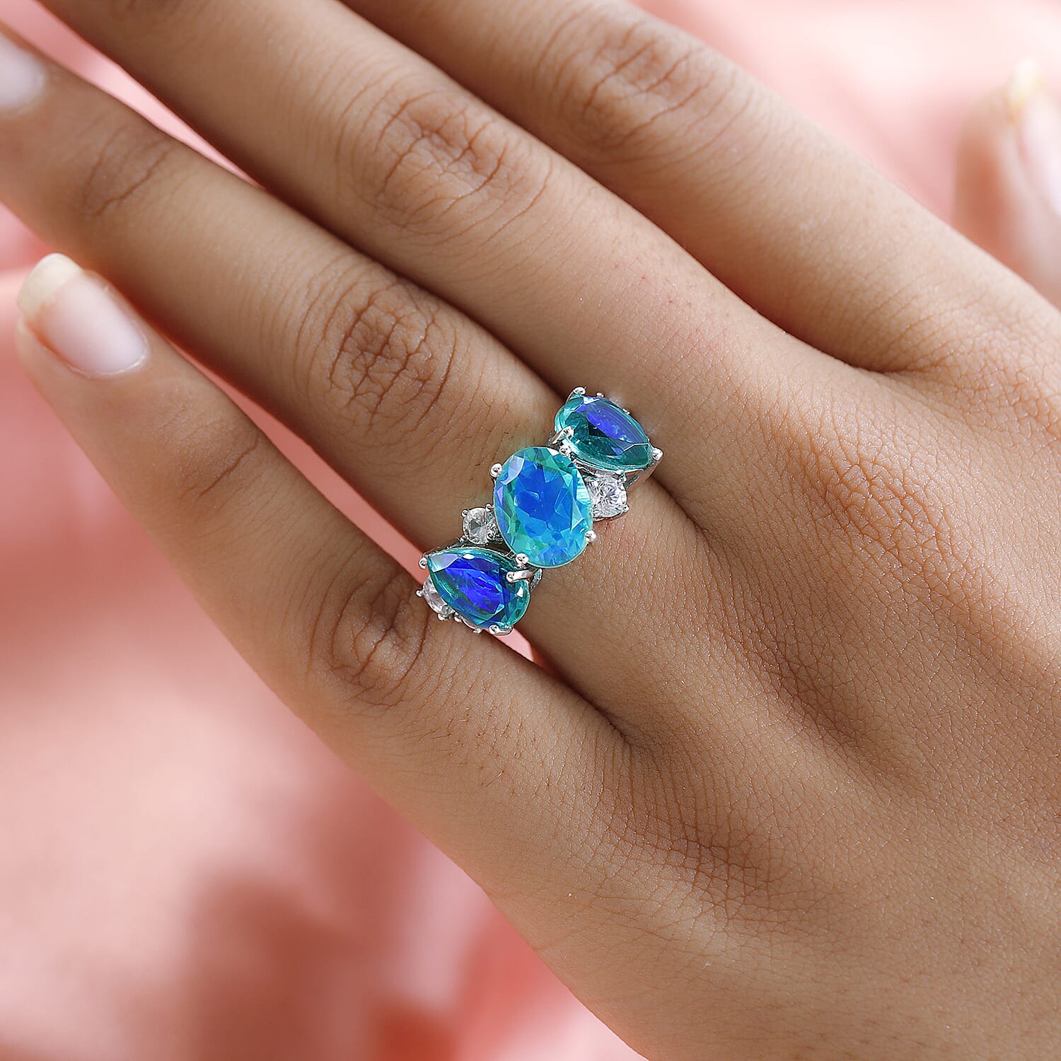 Peacock Quartz (Triplet) and White Zircon Ring in Platinum Over Sterling Silver (Size 10.0) 5.90 ctw