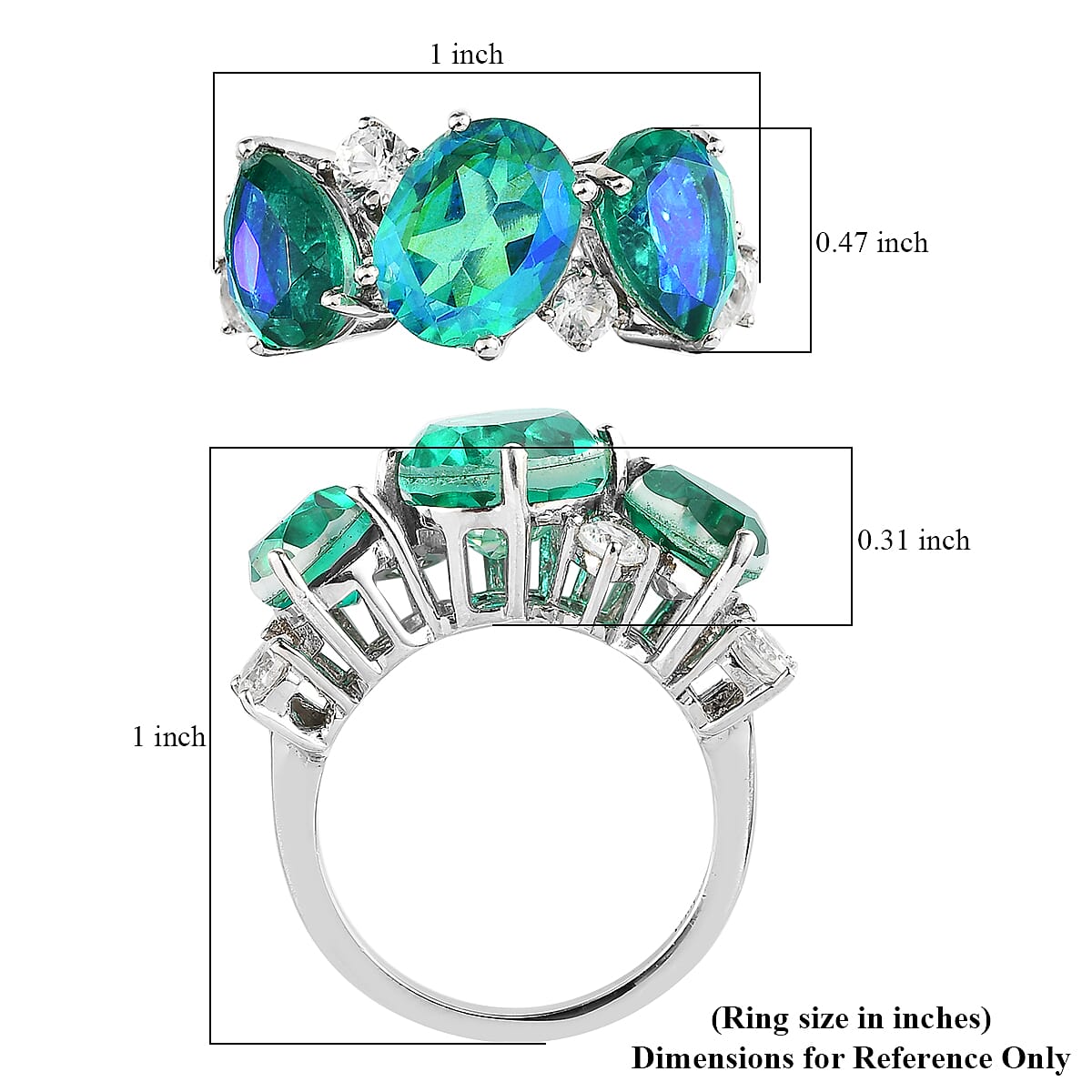 Peacock Quartz (Triplet) and White Zircon Ring in Platinum Over Sterling Silver (Size 10.0) 5.90 ctw