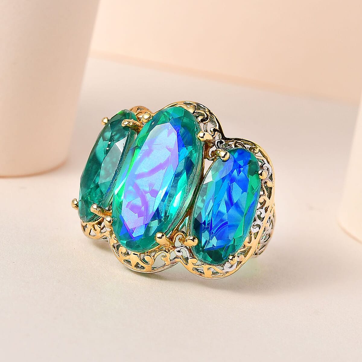 Peacock Quartz (Triplet) 3 Stone Ring in Vermeil YG and Platinum Over Sterling Silver (Size 7.0) 19.35 ctw image number 1