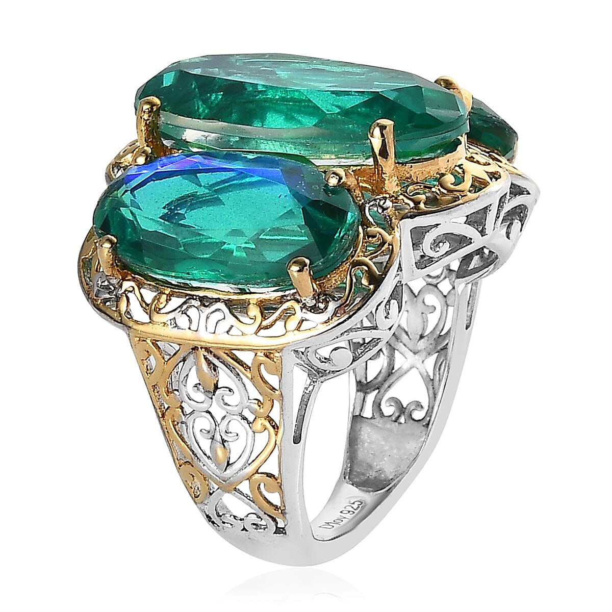 Peacock Quartz (Triplet) 3 Stone Ring in Vermeil YG and Platinum Over Sterling Silver (Size 7.0) 19.35 ctw image number 3