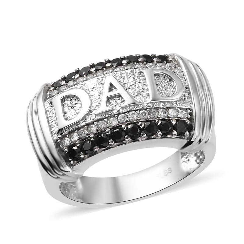 Thai Black Spinel, White Zircon DAD Men's Ring in Stainless Steel (Size 10.0) 1.00 ctw | Tarnish-Free, Waterproof, Sweat Proof Jewelry