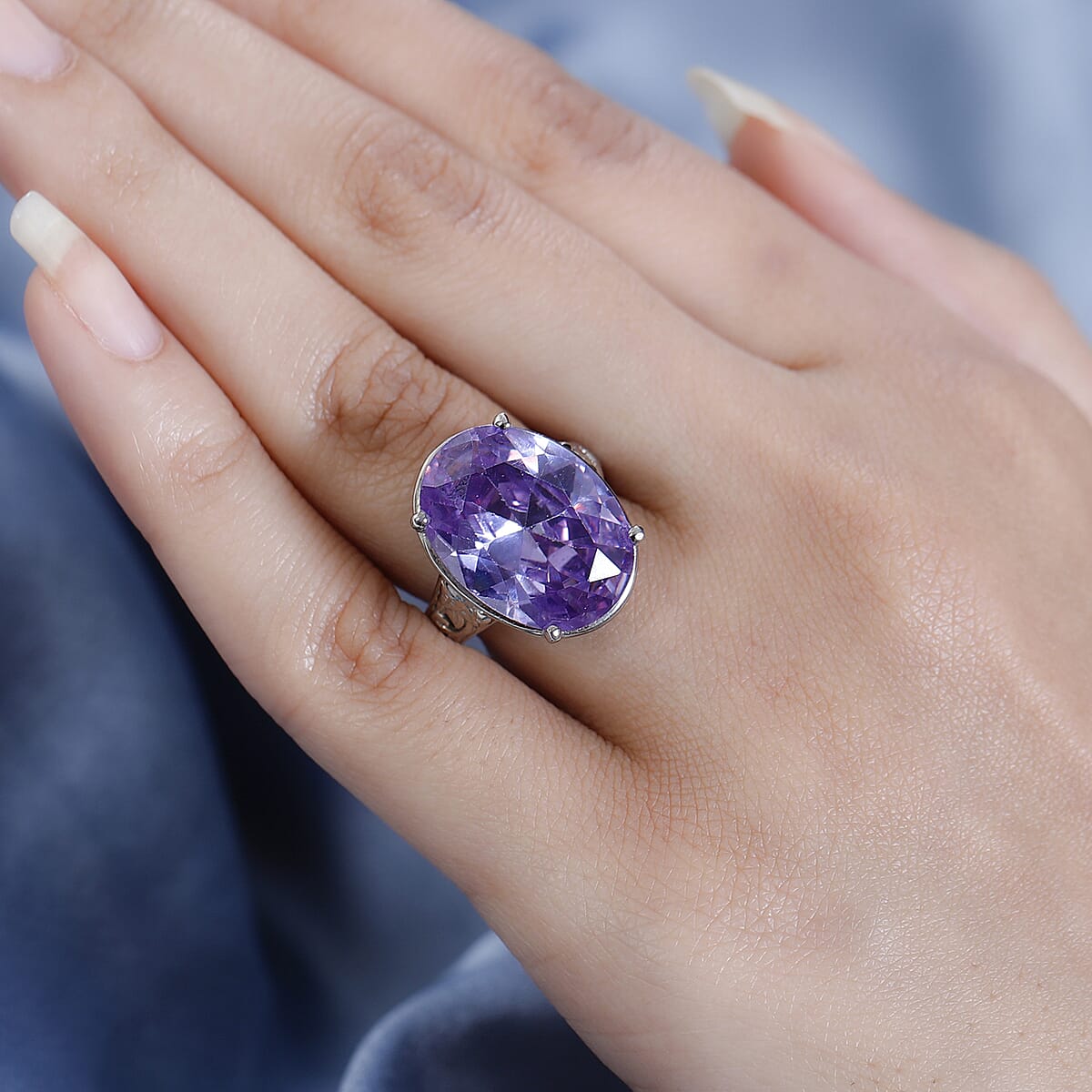 Karis Simulated Amethyst Color Diamond Solitaire Ring in Platinum Bond (Size 7.0) 23.15 ctw image number 2