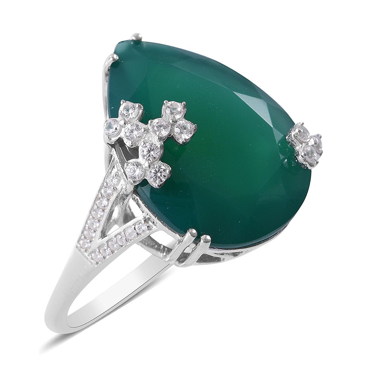 Verde Onyx and White Zircon Split Shank Ring in Platinum Over Sterling Silver (Size 10.0) 11.80 ctw