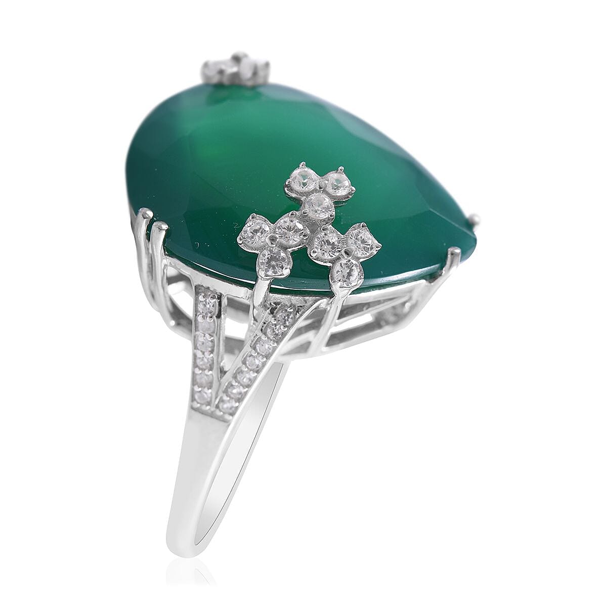 Verde Onyx and White Zircon Split Shank Ring in Platinum Over Sterling Silver (Size 10.0) 11.80 ctw