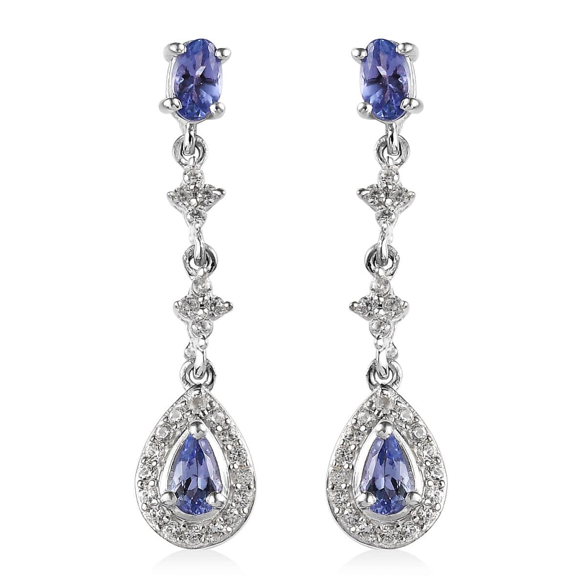 Tanzanite and White Zircon Dangling Earrings in Platinum Over Sterling Silver 1.40 ctw image number 0