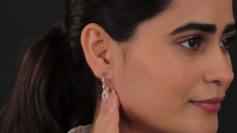 D'Joy Tanzanite and White Zircon Dangling Earrings in Platinum Over Sterling Silver 1.40 ctw