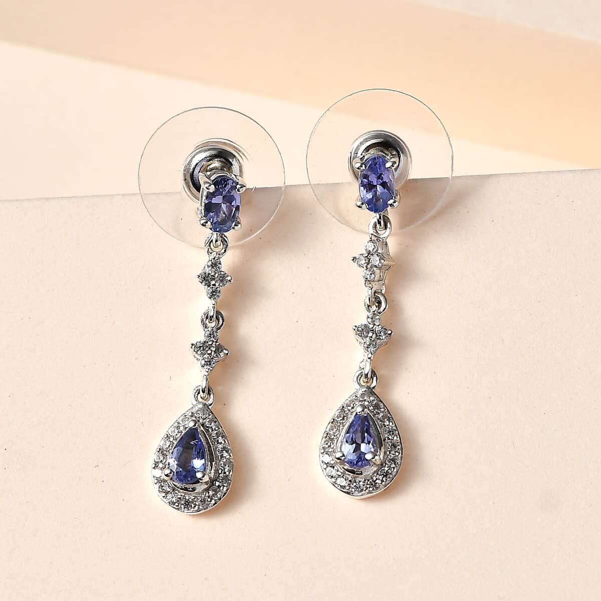 Tanzanite and White Zircon Dangling Earrings in Platinum Over Sterling Silver 1.40 ctw image number 1