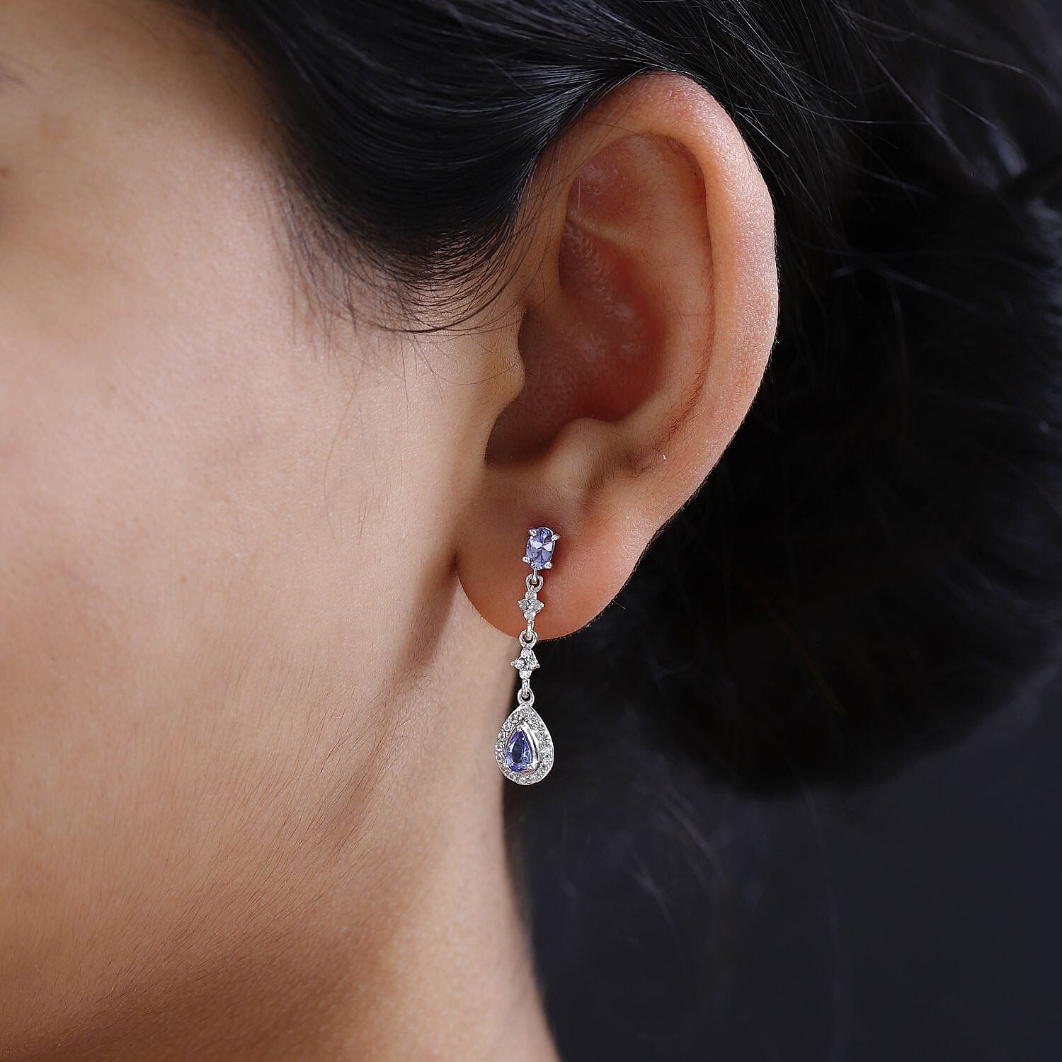 D'Joy Tanzanite and White Zircon Dangling Earrings in Platinum Over Sterling Silver 1.40 ctw