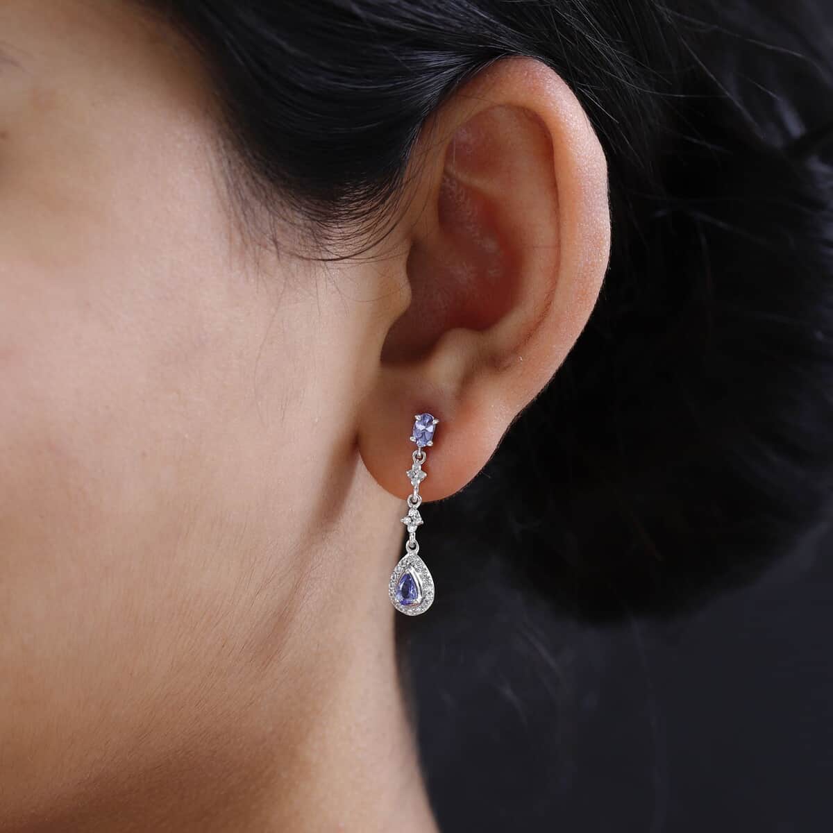 Tanzanite and White Zircon Dangling Earrings in Platinum Over Sterling Silver 1.40 ctw image number 2