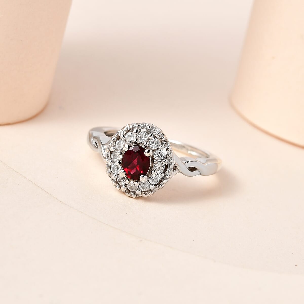 Anthill Garnet and White Zircon Halo Ring in Platinum Over Sterling Silver 0.65 ctw image number 1