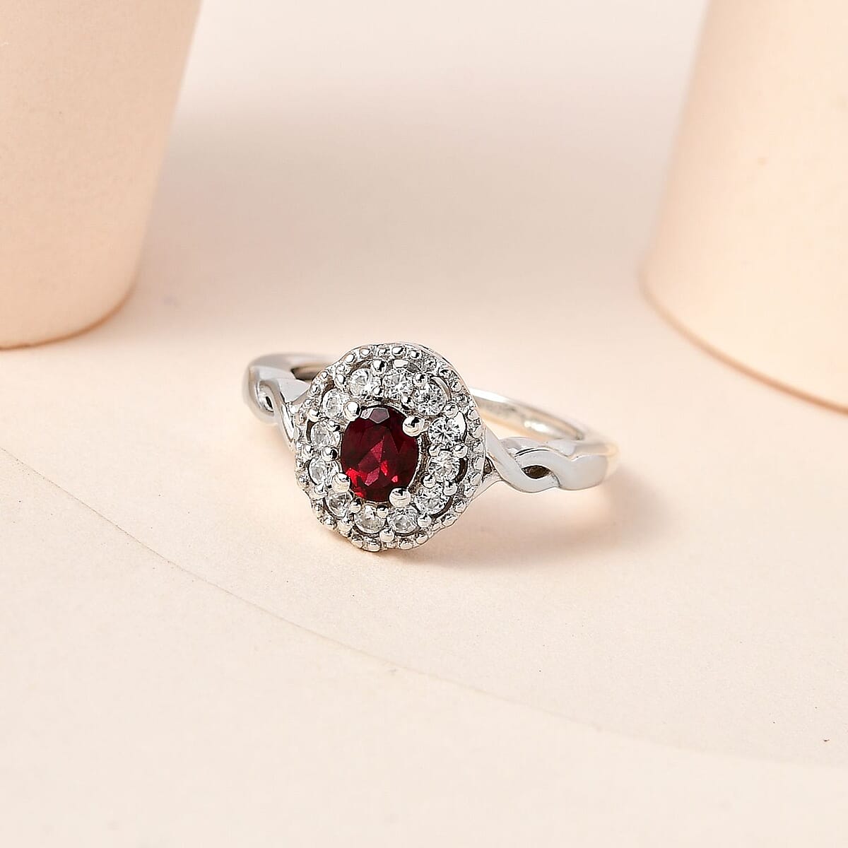 Anthill Garnet and White Zircon Halo Ring in Platinum Over Sterling Silver (Size 5.0) 0.65 ctw image number 1