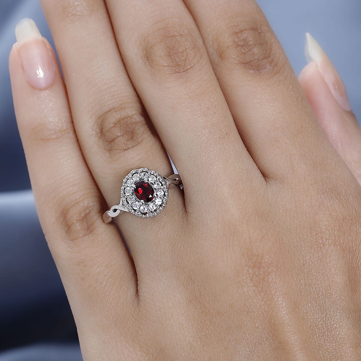 Anthill Garnet and White Zircon Halo Ring in Platinum Over Sterling Silver (Size 5.0) 0.65 ctw image number 2
