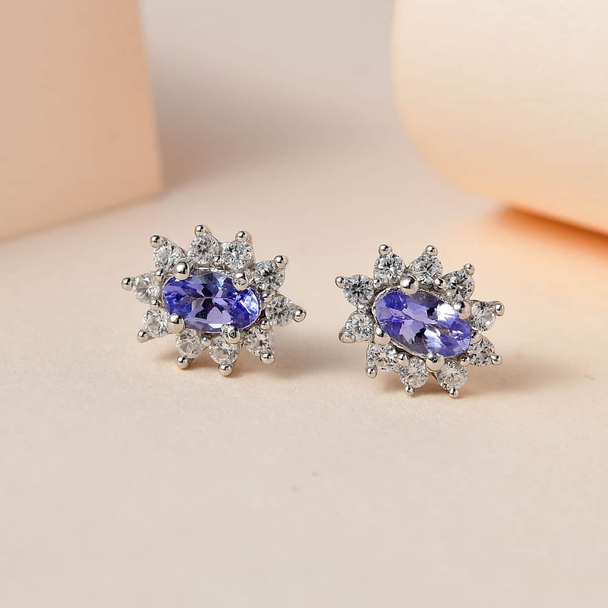 Tanzanite and White Zircon Sunburst Stud Earrings in Platinum Over Sterling Silver 0.90 ctw image number 1