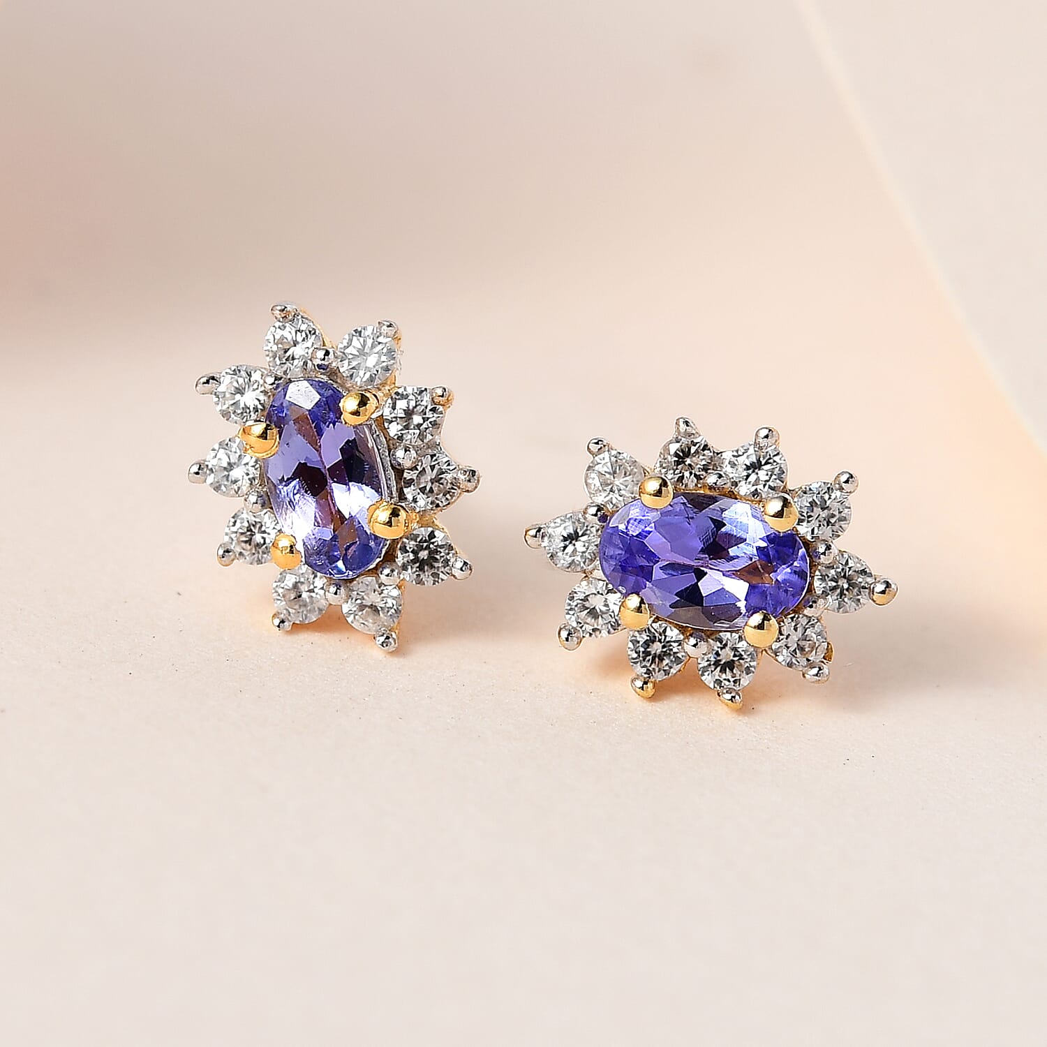 Tanzanite and White Zircon Sunburst Stud Earrings in Vermeil Yellow Gold Over Sterling Silver 0.85 ctw