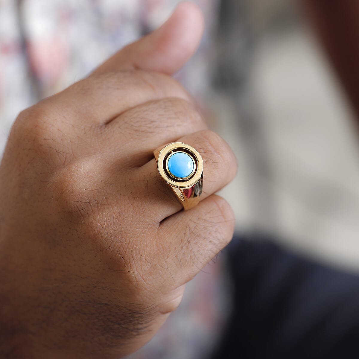 Sleeping Beauty Turquoise and White Zircon Reversible Men's Ring in Vermeil Yellow Gold Over Sterling Silver 3.25 ctw image number 3