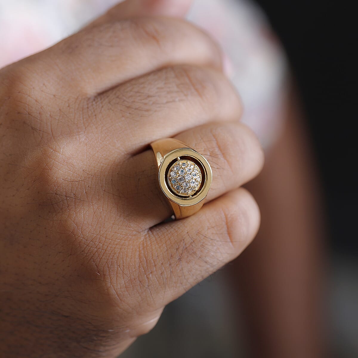 Sleeping Beauty Turquoise and White Zircon Reversible Men's Ring in Vermeil Yellow Gold Over Sterling Silver 3.25 ctw image number 4