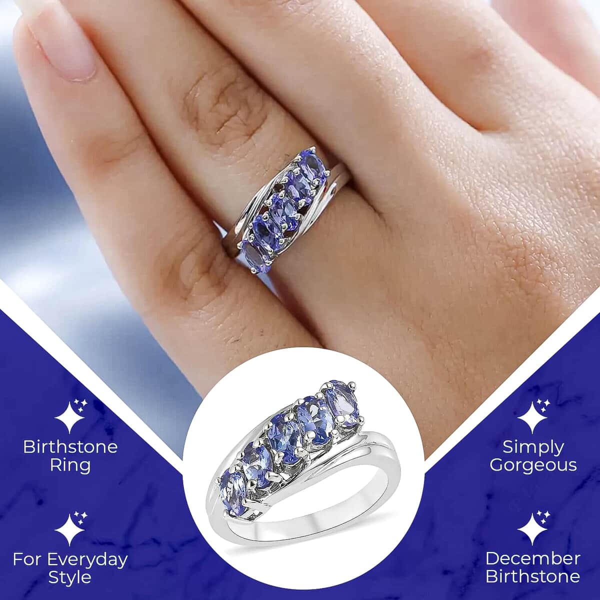 Tanzanite 5 Stone Ring in Platinum Over Sterling Silver 1.25 ctw image number 2