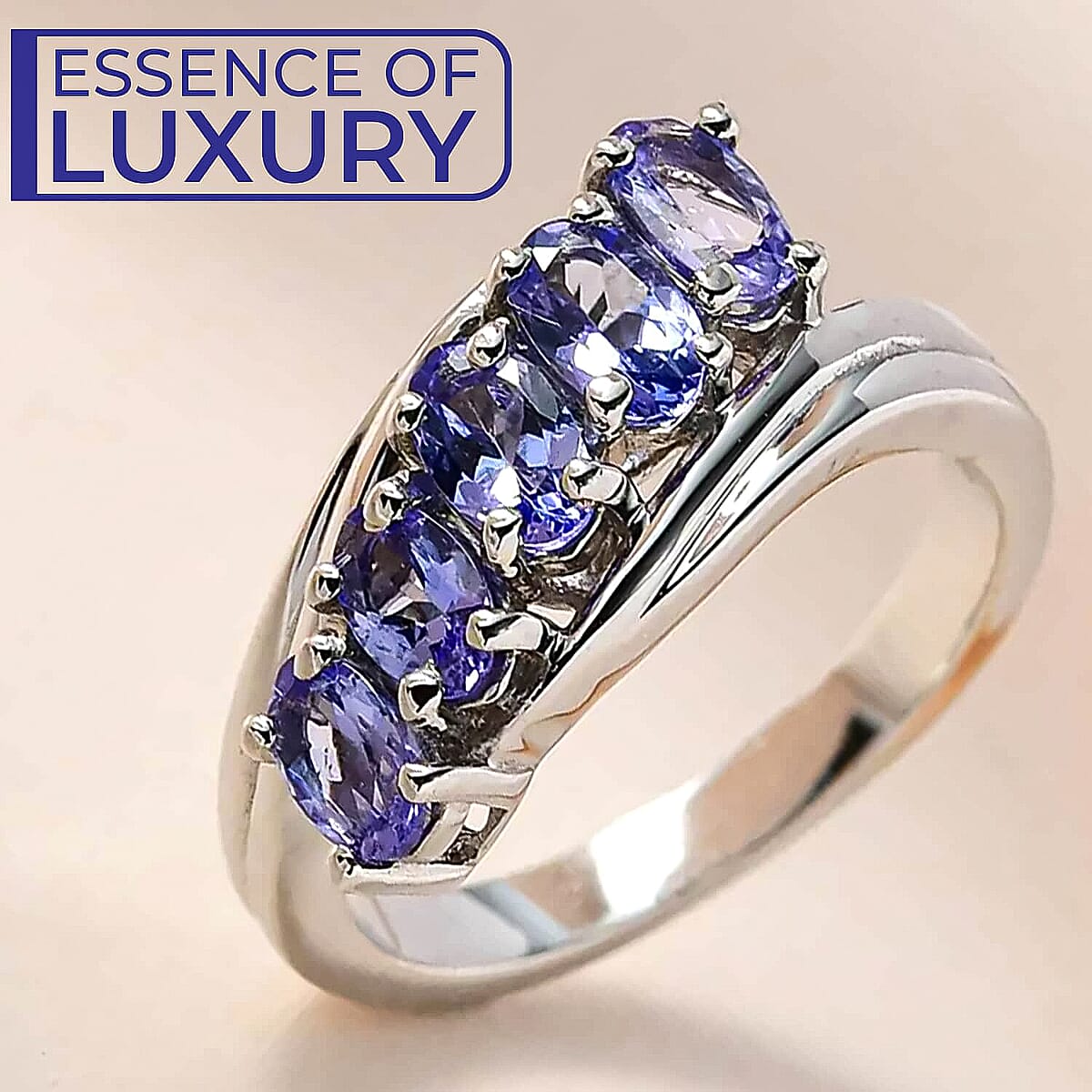 Tanzanite 5 Stone Ring, Tanzanite Ring, Platinum Over Sterling Silver Ring, Promise Ring For Her, Bypass Ring 1.25 ctw (Size 6.00) image number 1