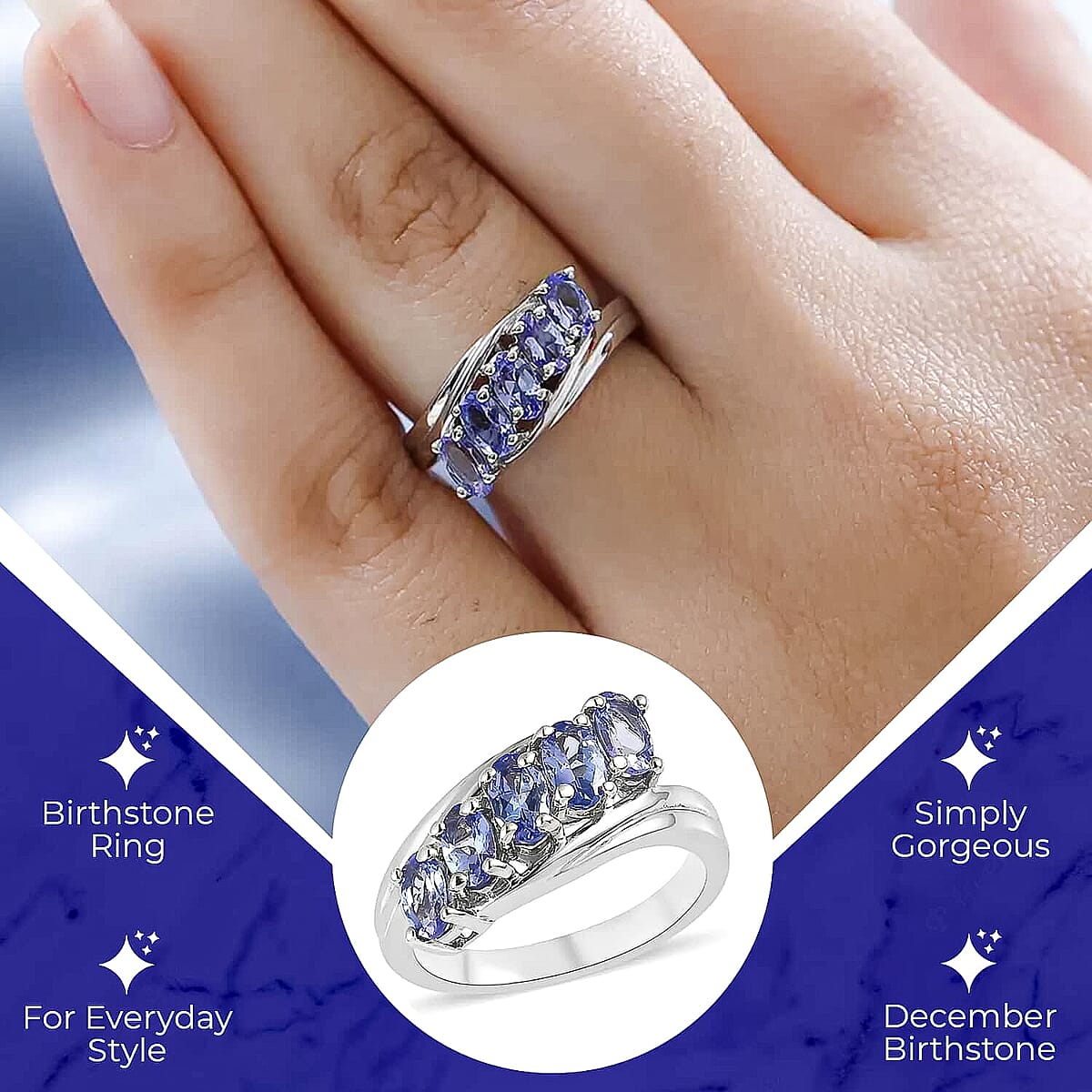 Tanzanite 5 Stone Ring, Tanzanite Ring, Platinum Over Sterling Silver Ring, Promise Ring For Her, Bypass Ring 1.25 ctw (Size 6.00) image number 2