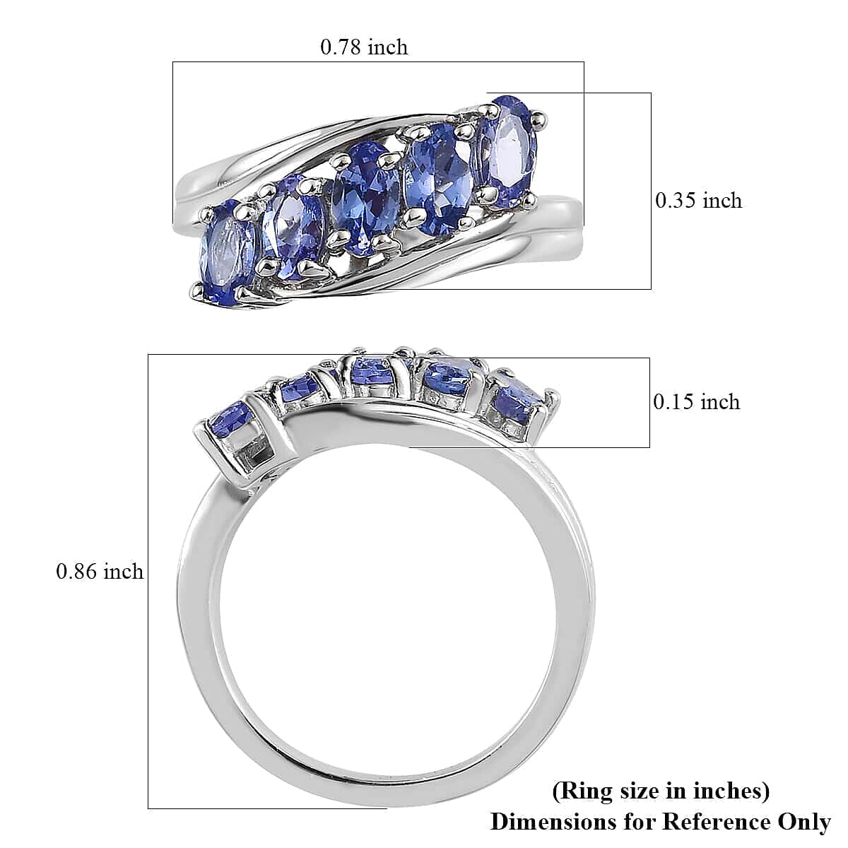 Tanzanite 5 Stone Ring, Tanzanite Ring, Platinum Over Sterling Silver Ring, Promise Ring For Her, Bypass Ring 1.25 ctw (Size 6.00) image number 8