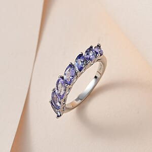 Tanzanite 7 Stone Ring in Platinum Over Sterling Silver (Size 8.0) 1.75 ctw