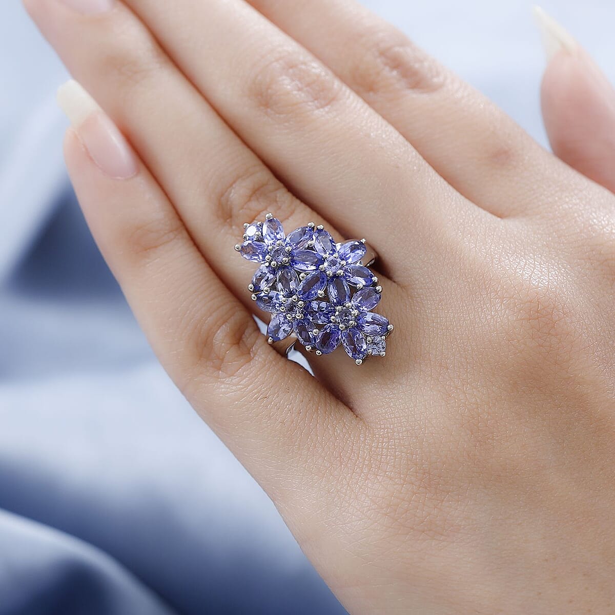 Tanzanite Floral Ring in Platinum Over Sterling Silver (Size 10.0) 5.25 ctw image number 2