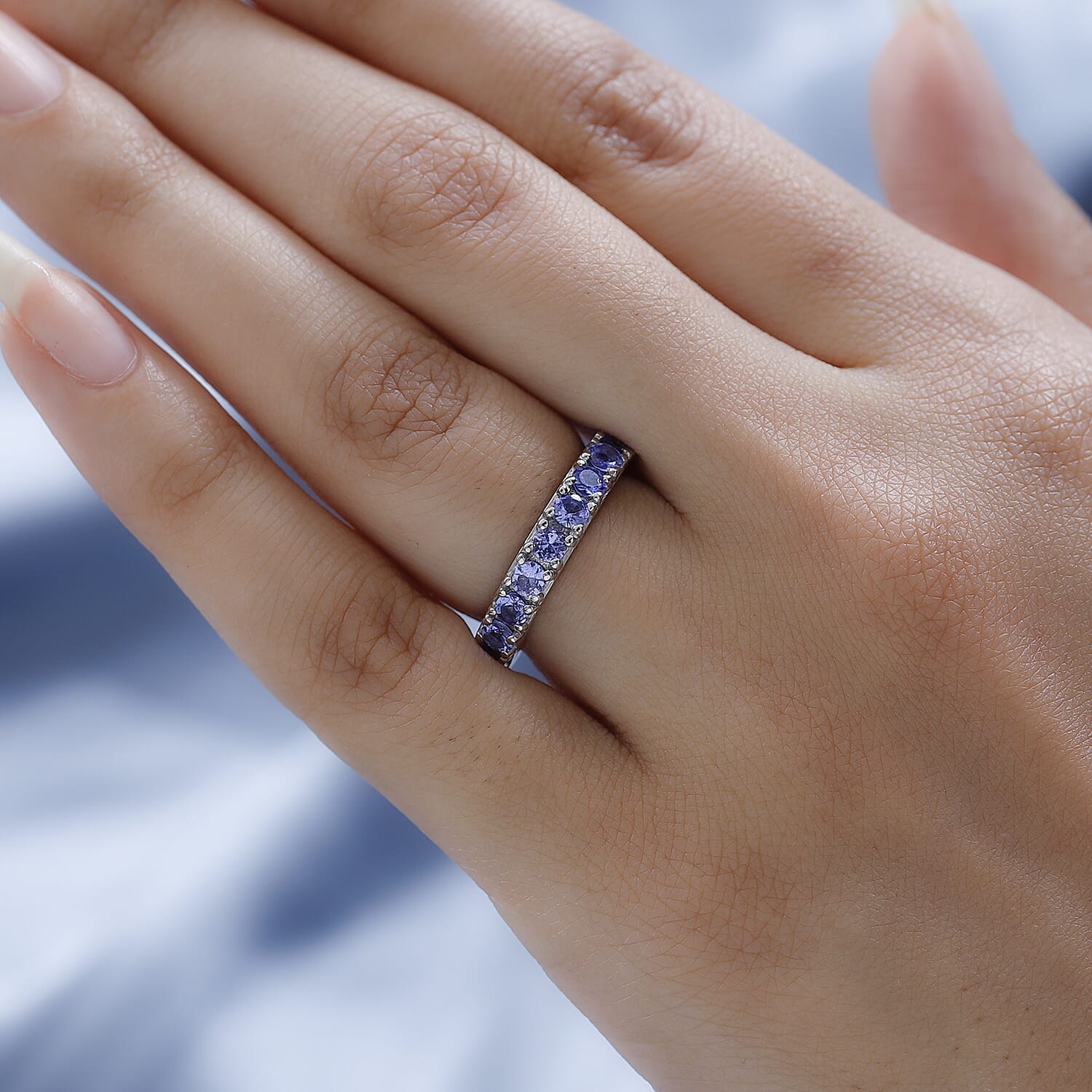 Tanzanite Half Eternity Band Ring in Platinum Over Sterling Silver (Size 10.0) 1.00 ctw