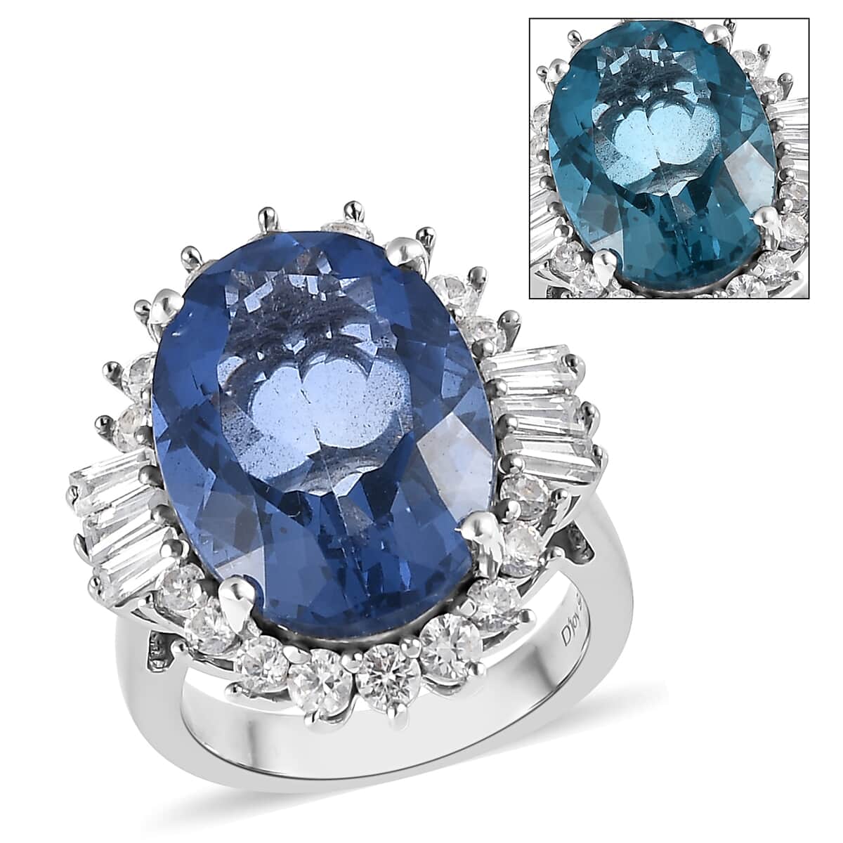 Color Change Fluorite (IR) and White Zircon Halo Ring in Platinum Over Sterling Silver 16.30 ctw image number 0