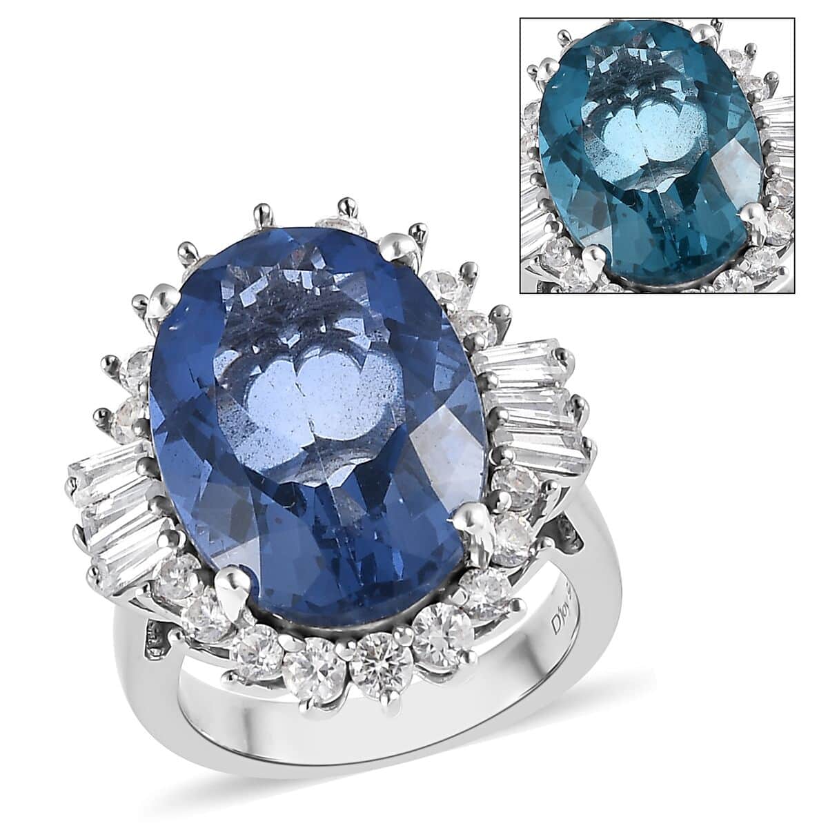 Color Change Fluorite (IR) and White Zircon Halo Ring in Platinum Over Sterling Silver (Size 6.0) 16.30 ctw image number 0