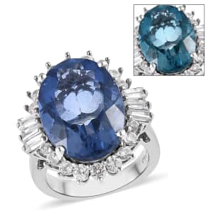 Color Change Fluorite (IR) and White Zircon Halo Ring in Platinum Over Sterling Silver (Size 6.0) 16.30 ctw